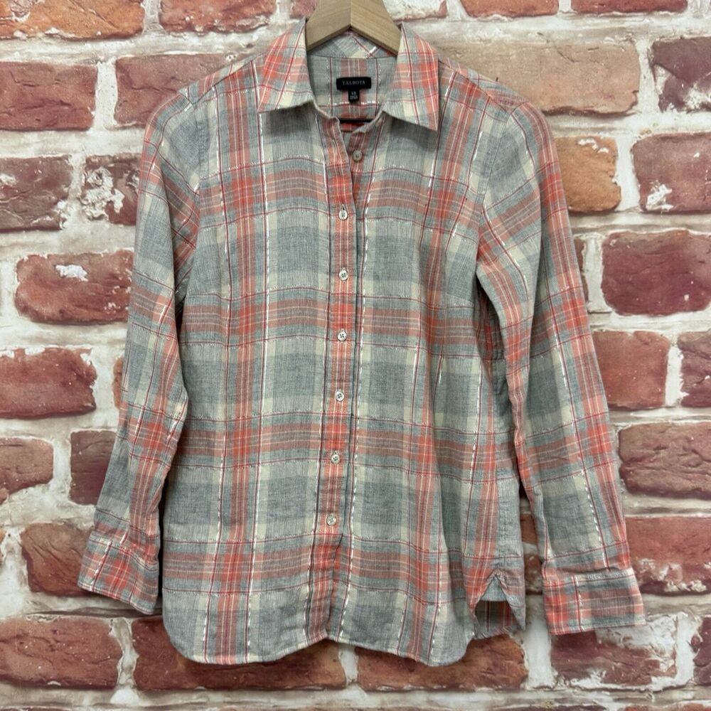 Talbots Top Shirt Womens XS Pink Gray Metallic Multicolor Plaid Casual Button Up